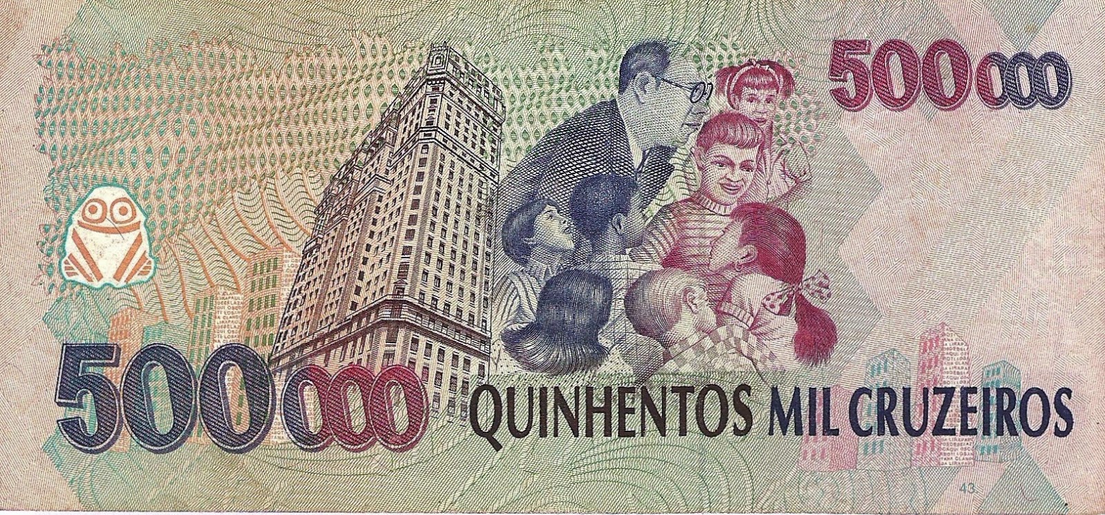 Verso da cédula de 500 mil cruzeiros de 1993, com um muiraquitã à esquerda